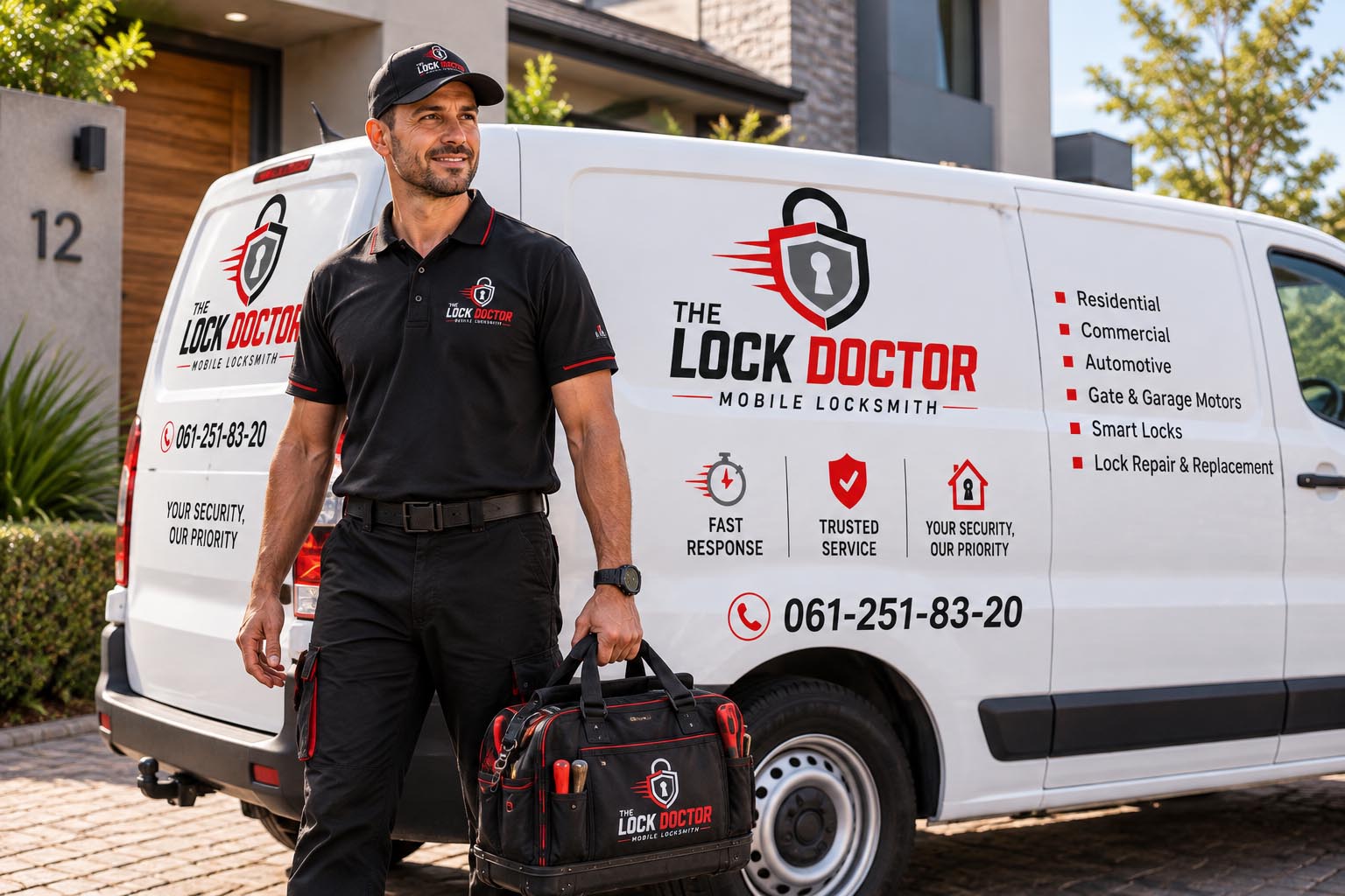 Lockdoctor The Lock Doctor locksmith standing beside a branded service van holding a tool bag