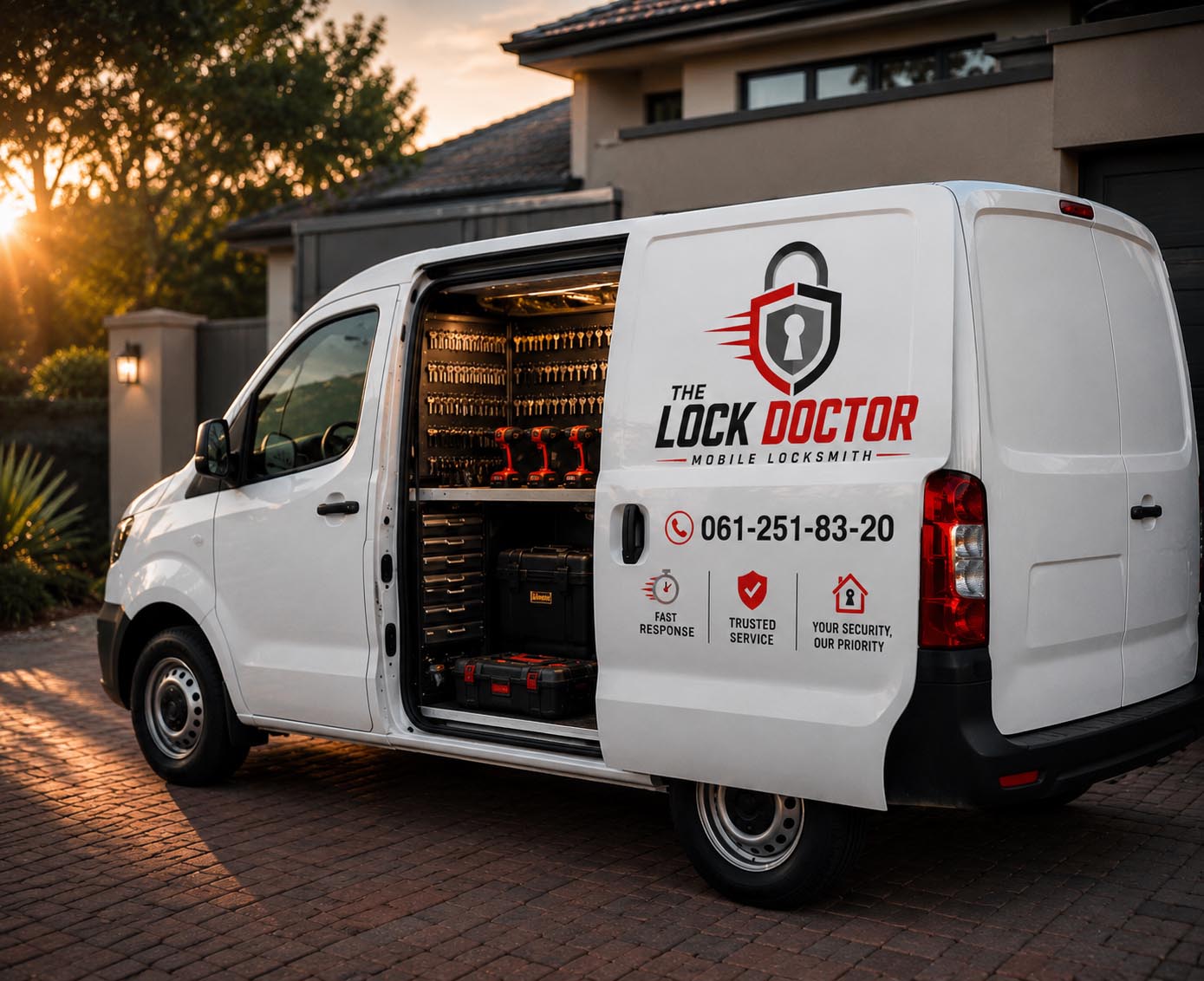 The Lock Doctor branded mobile locksmith van parked outside a home on an emergency callout in Pretoria