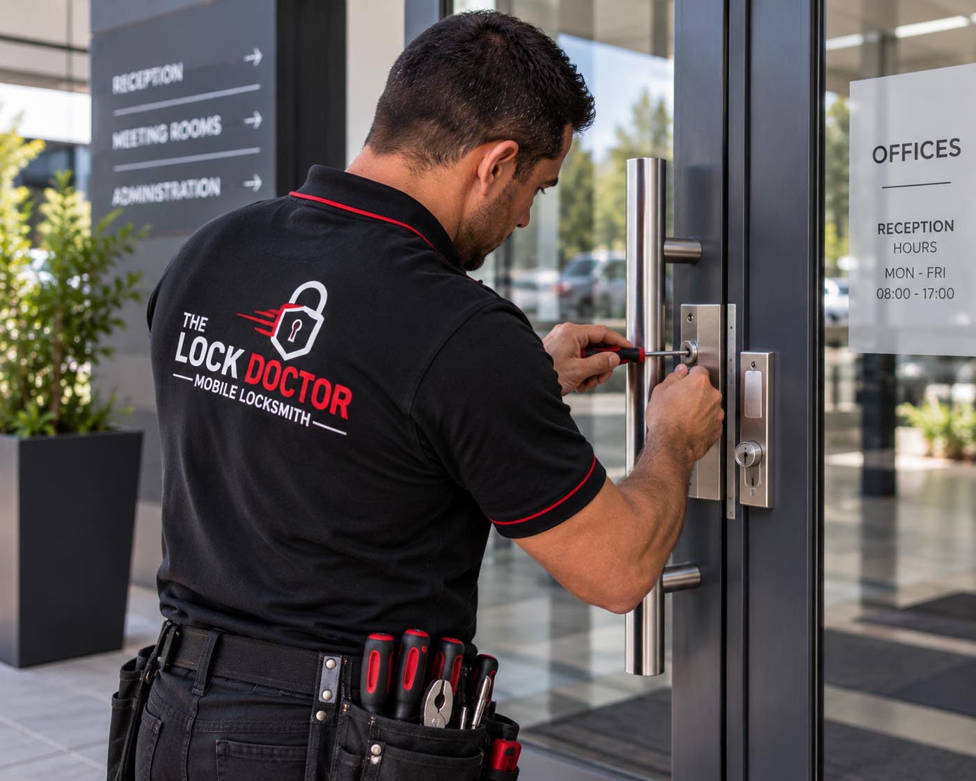 Commercial locksmith installing a master key lock system on an office building door in Midrand