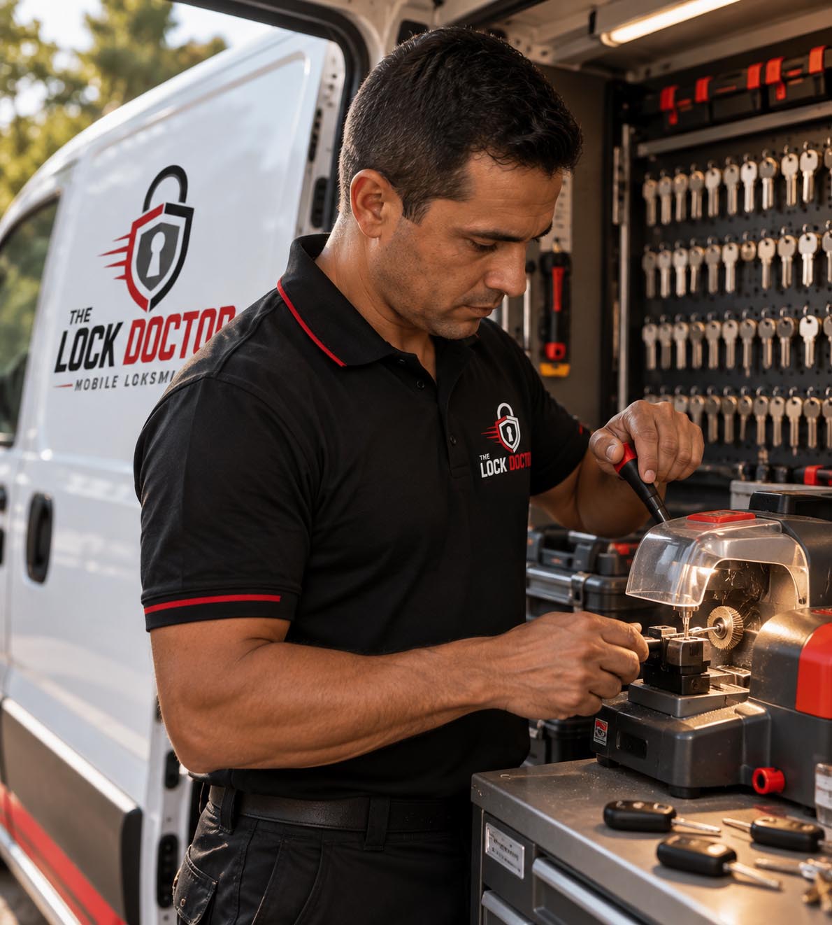 Lock Doctor locksmith in branded uniform arriving at a customer property with a tool bag