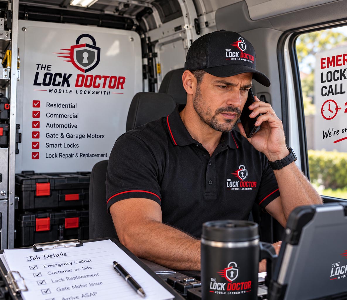 emergencycall Locksmith answering an emergency callout on a mobile phone inside a service van