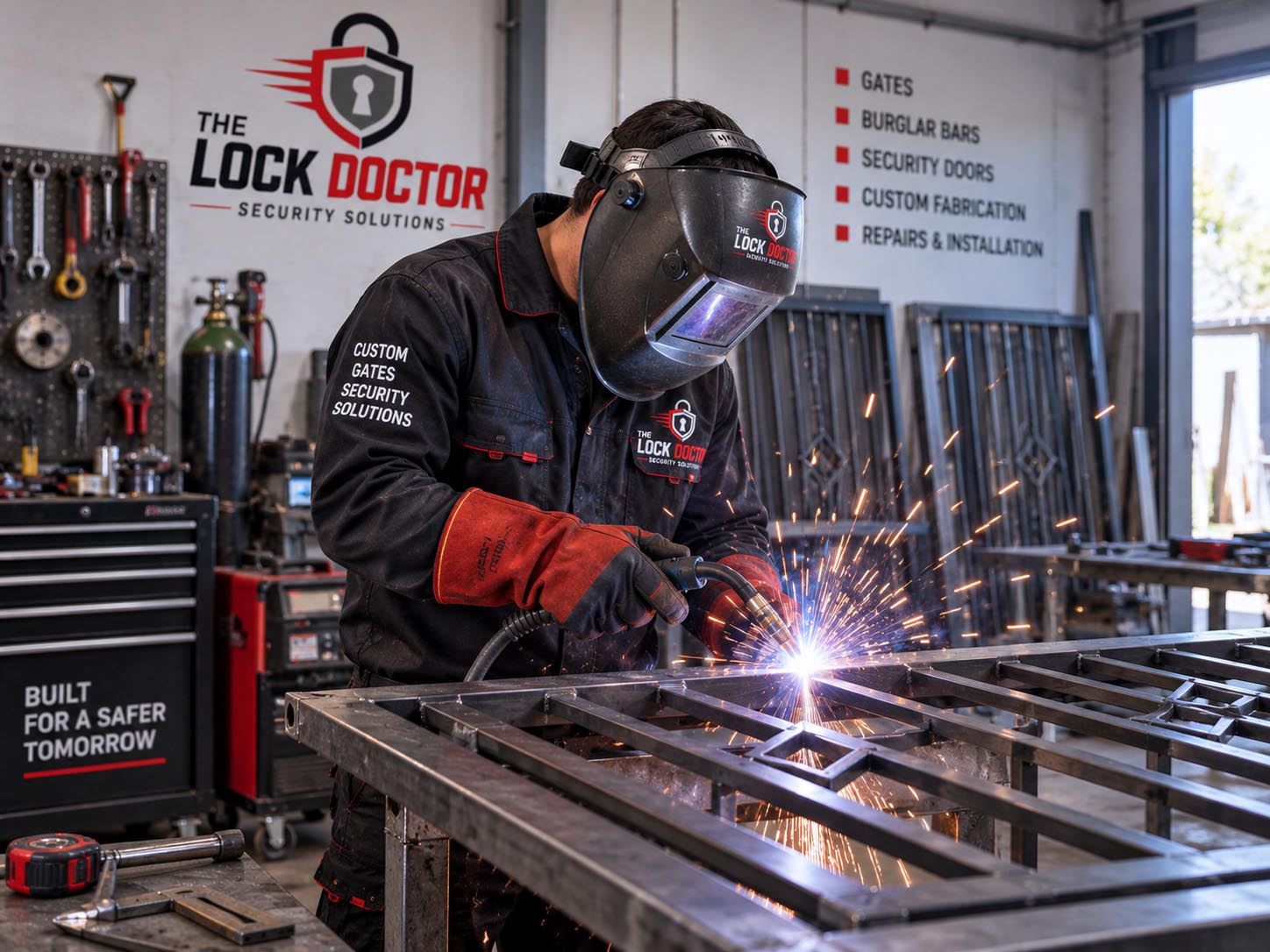 Welder fabricating a custom steel security gate in a workshop with sparks flying