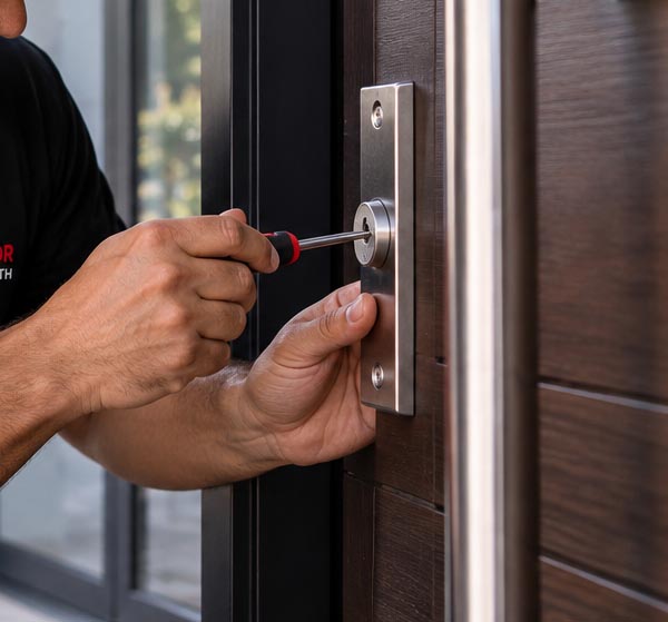 lekker New high-security deadbolt lock installed on a wooden front door