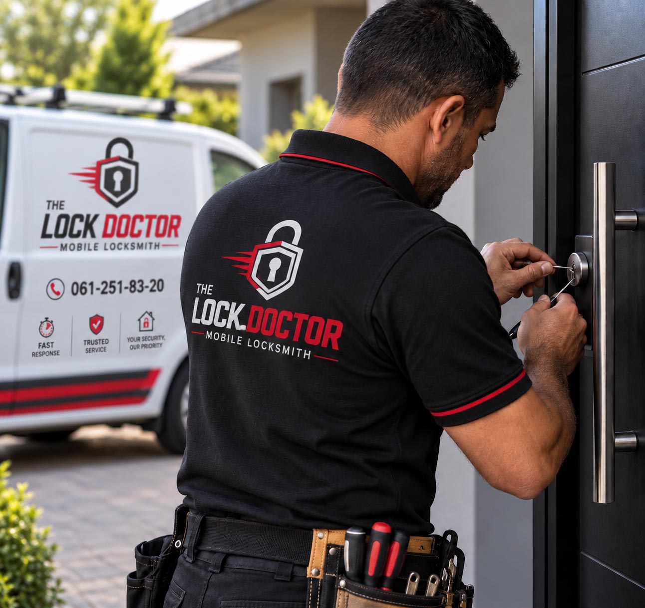 Lock Doctor locksmith working on a residential door lock at a customer home