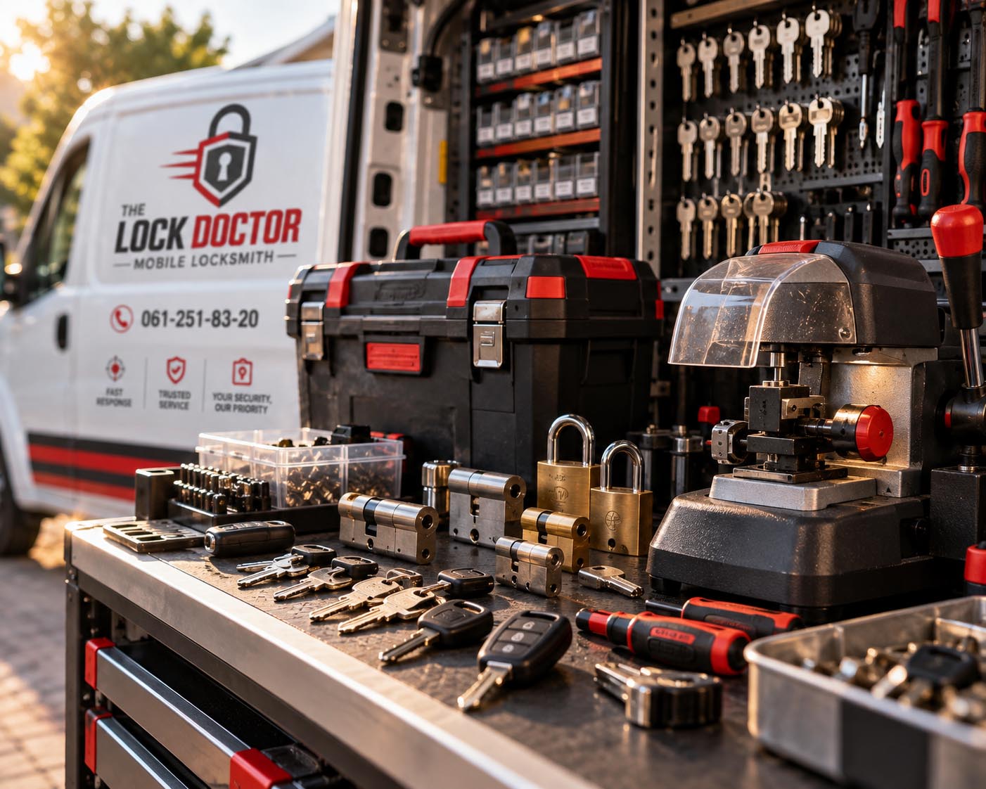 Range of locksmith tools, cylinders and keys laid out on a mobile workshop bench