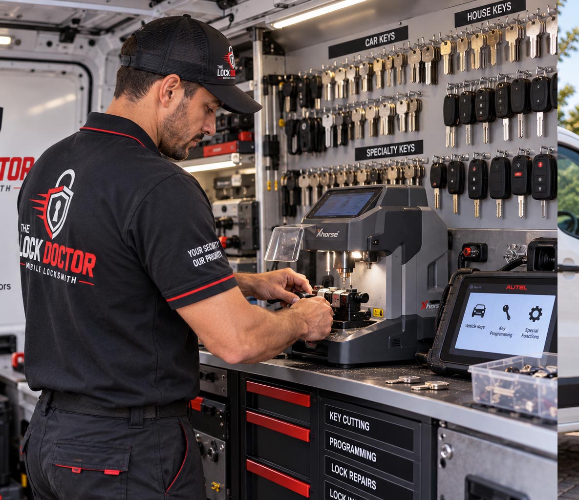 lockinside Locksmith cutting a replacement key inside a fully equipped mobile locksmith van