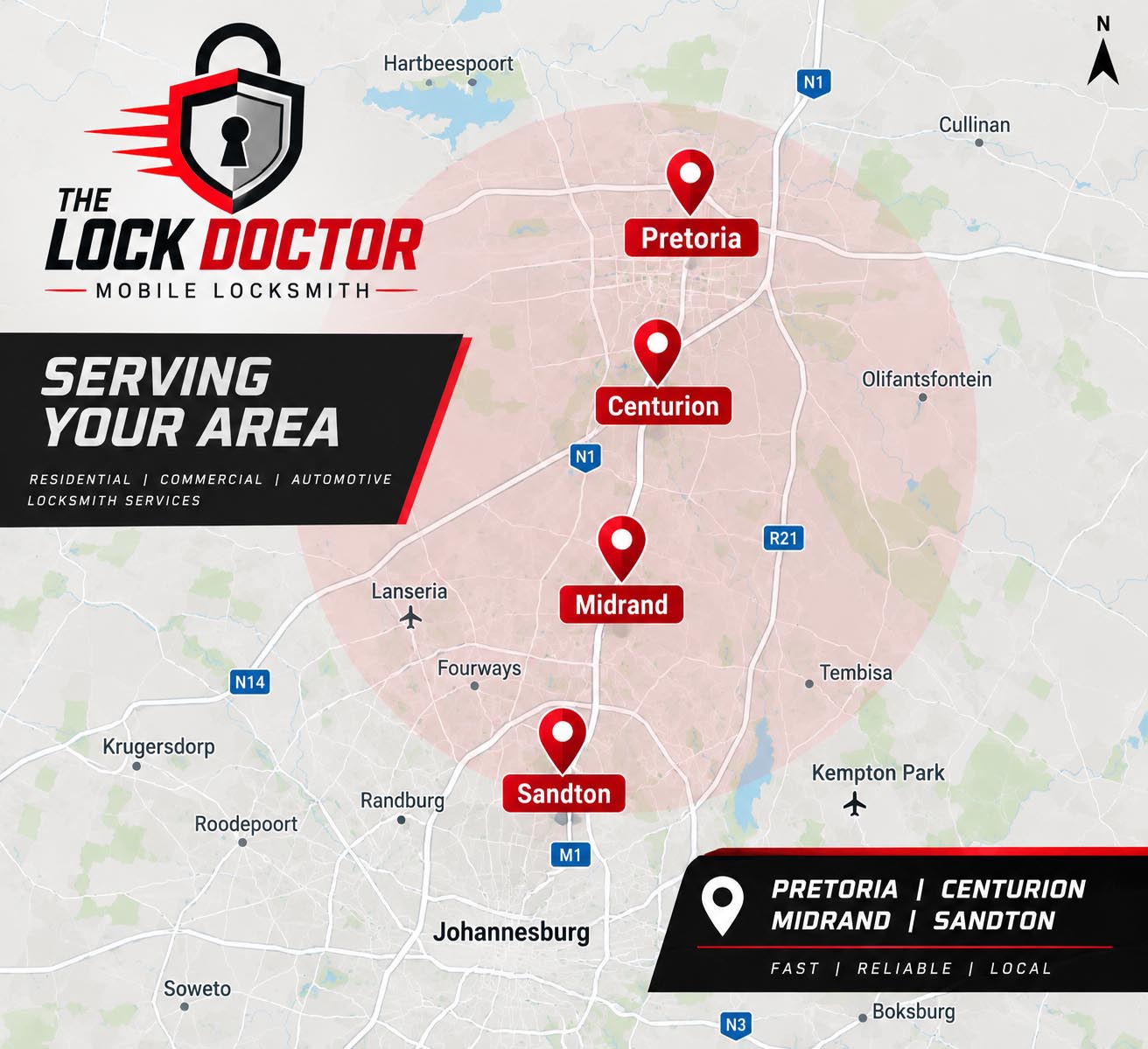 map Map showing The Lock Doctor mobile locksmith coverage across Pretoria, Centurion, Midrand and Sandton
