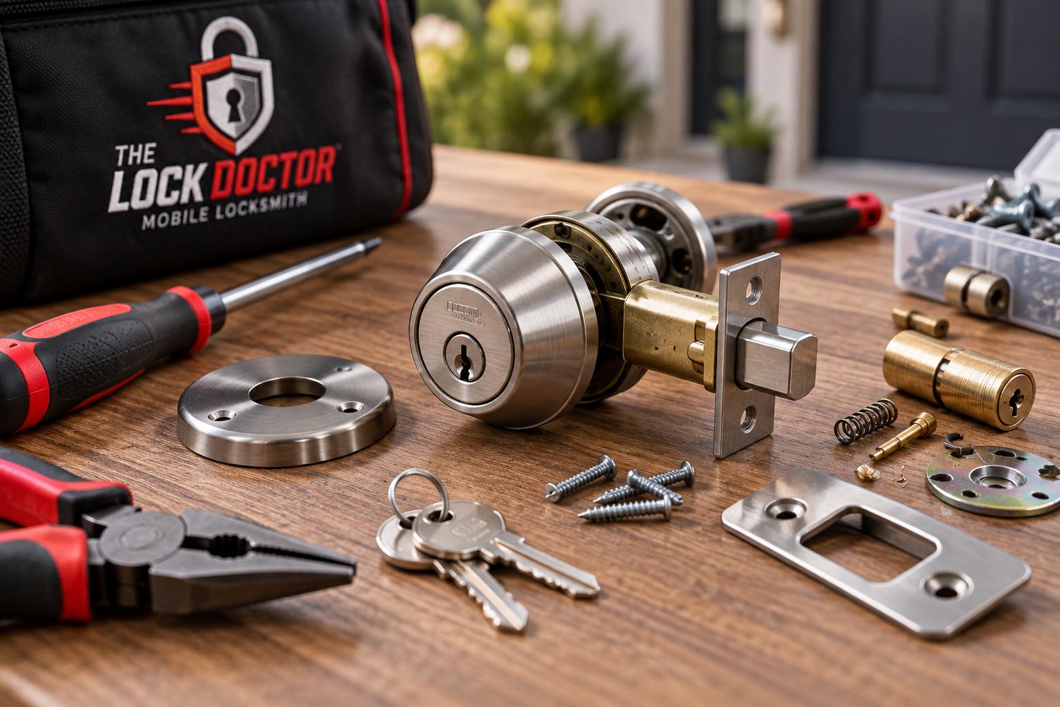 Locksmith repairing a damaged door lock cylinder with professional tools