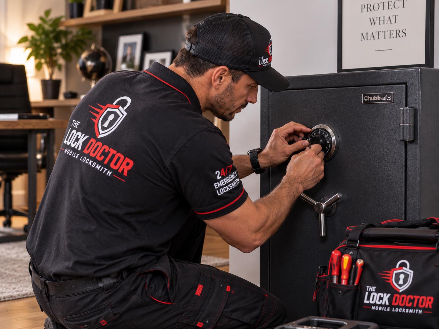 Locksmith working on the combination dial of a home safe during a safe opening callout