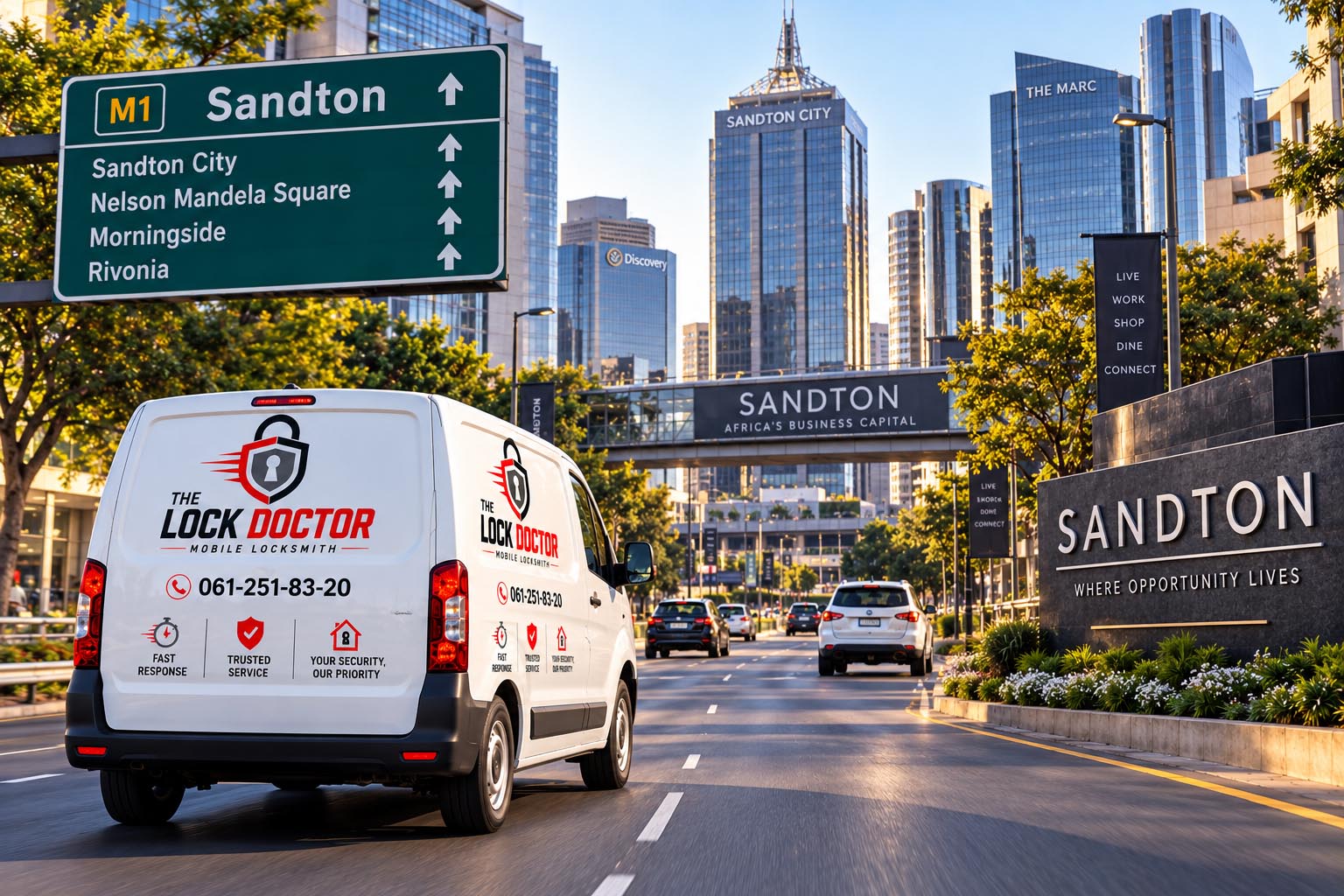 Sandton city skyline representing commercial locksmith coverage